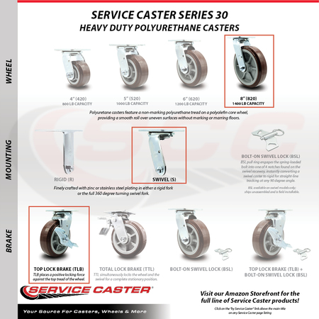 Service Caster 8 Inch SS Polyurethane Swivel Caster Set with Ball Bearings and Brakes SCC SCC-SS30S820-PPUB-TLB-4